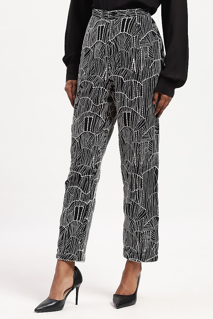 Black Chanderi Tribal Embroidered Trousers by Abraham & Thakore at Pernia's Pop Up Shop