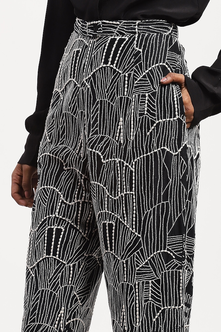 Black Chanderi Tribal Embroidered Trousers by Abraham & Thakore at Pernia's Pop Up Shop