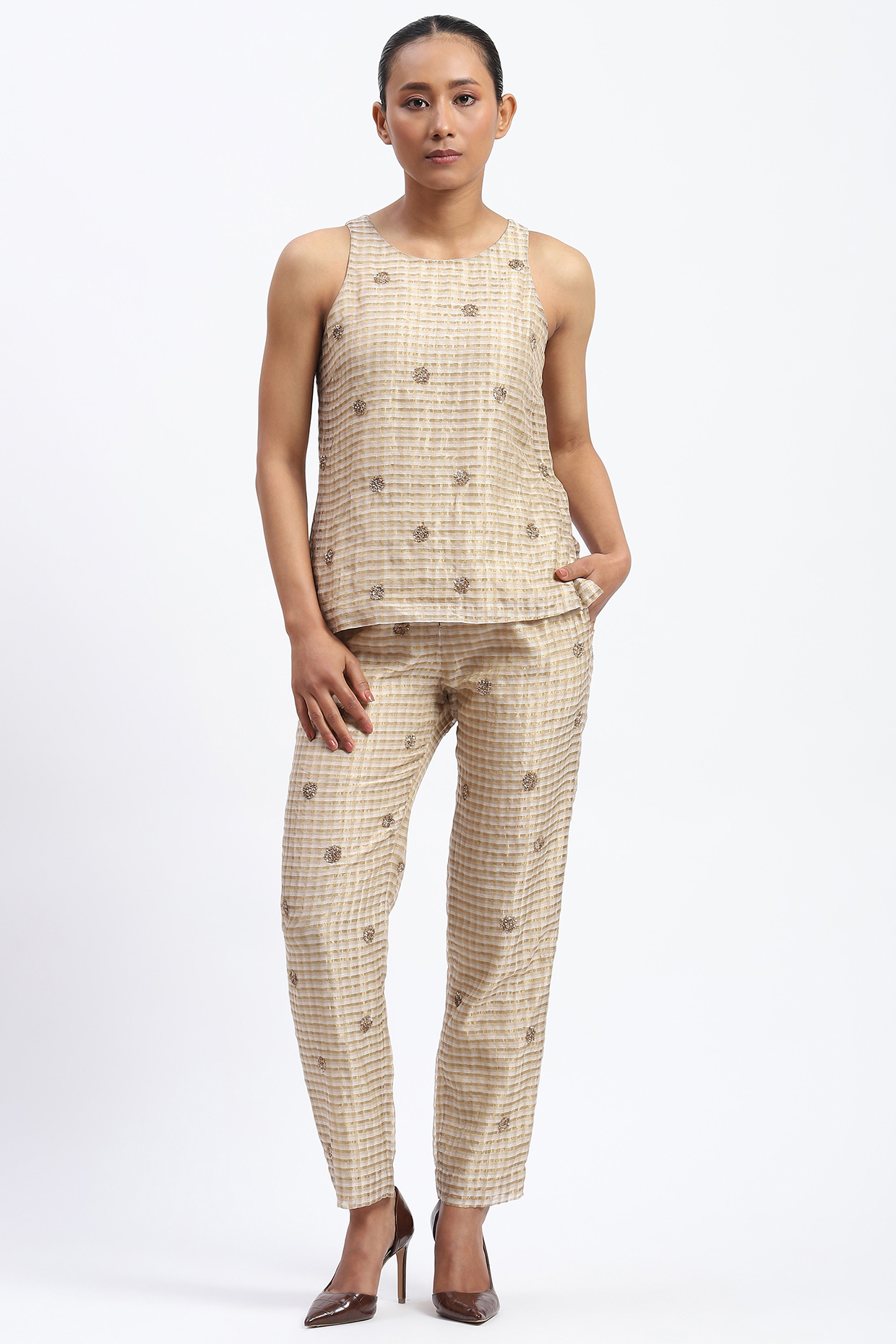 Gold Chanderi Sequins Embellished Trousers by Abraham & Thakore at Pernia's Pop Up Shop