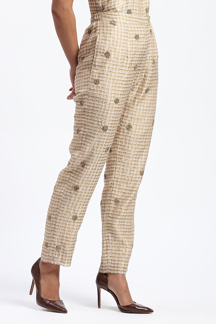 Gold Chanderi Sequins Embellished Trousers by Abraham & Thakore at Pernia's Pop Up Shop