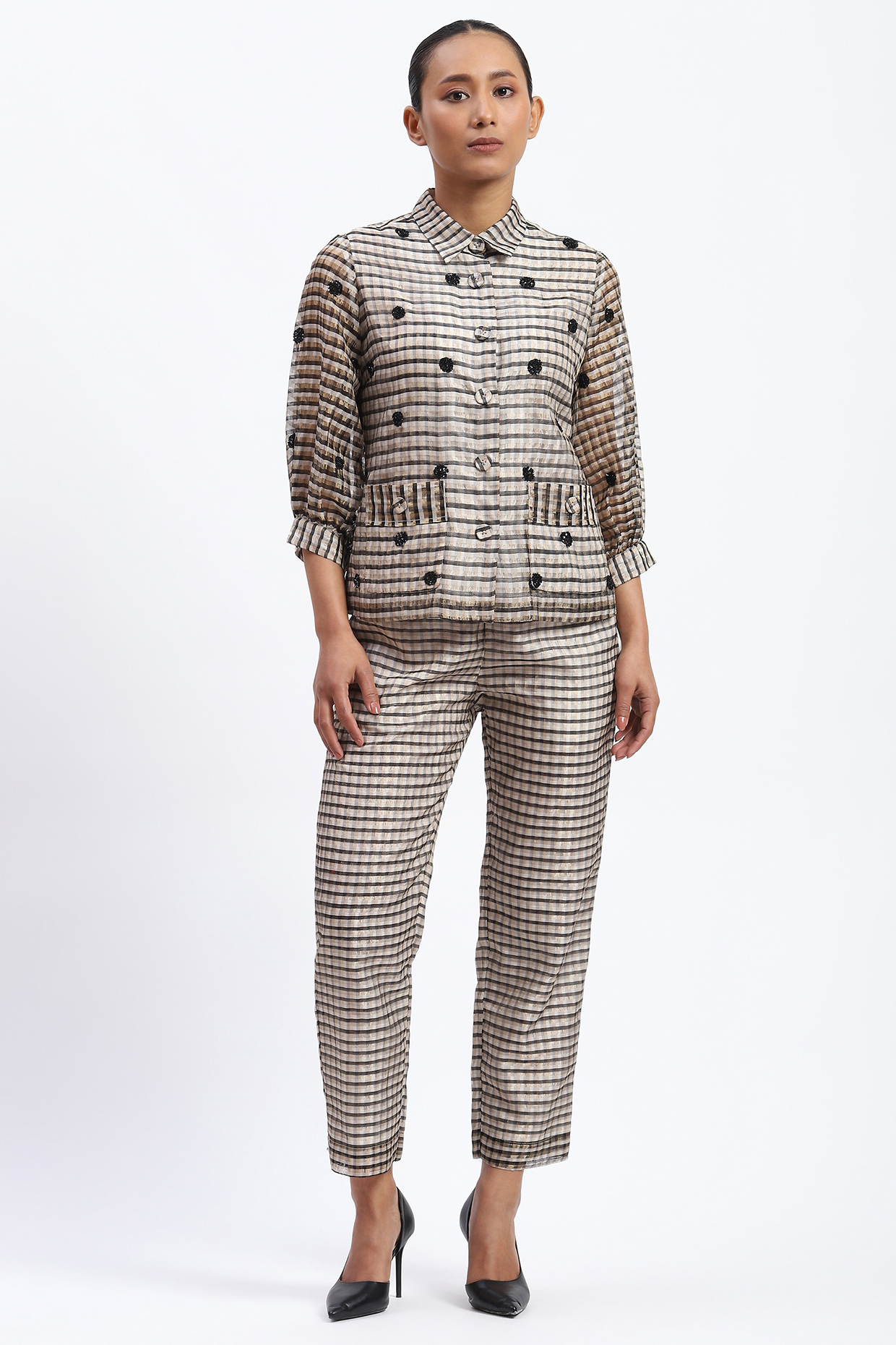 Multi-Colored Chanderi Sequins Embellished Trousers by Abraham & Thakore at Pernia's Pop Up Shop