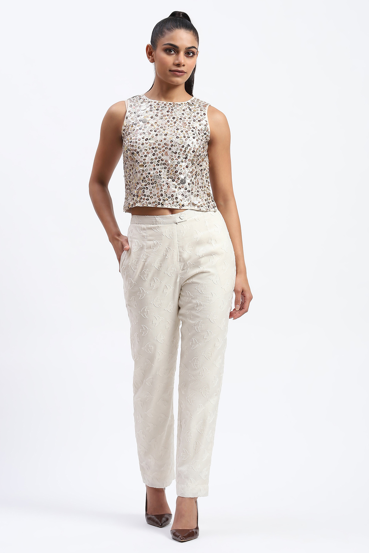 White Chanderi Abstract Motifs Trousers by Abraham & Thakore at Pernia's Pop Up Shop