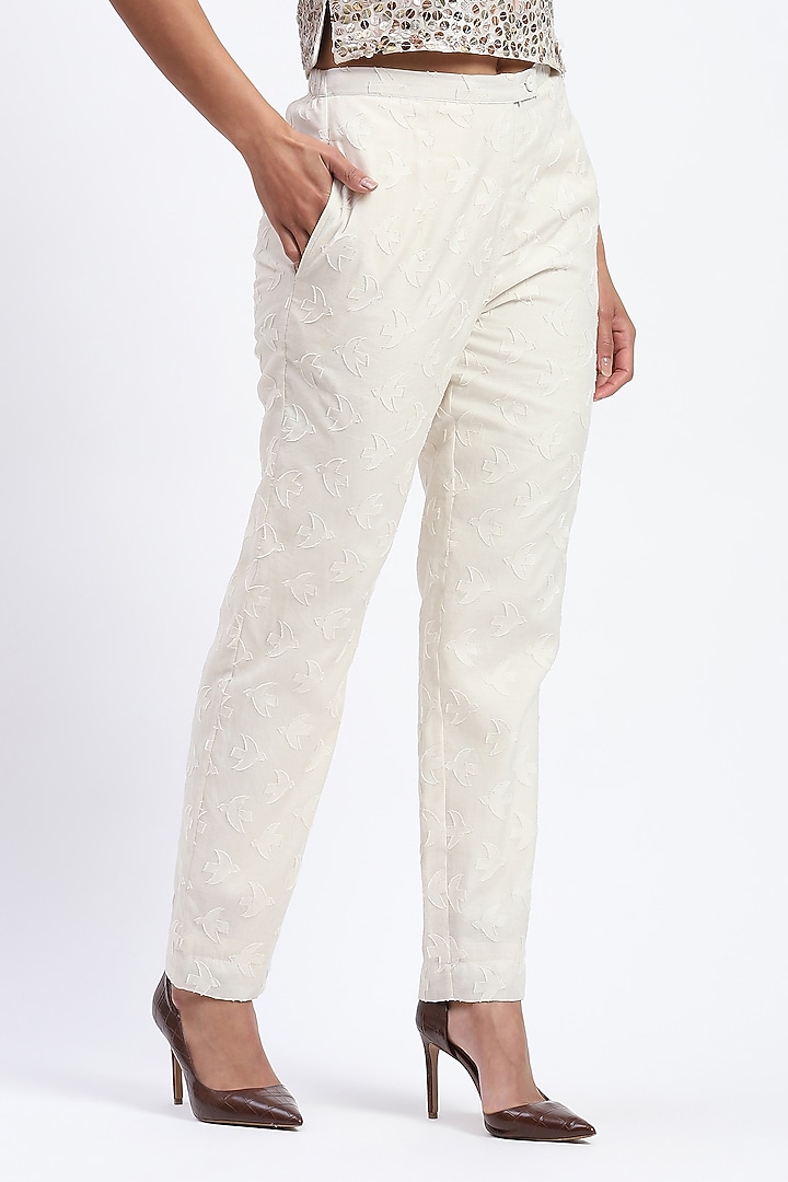 White Chanderi Abstract Motifs Trousers by Abraham & Thakore at Pernia's Pop Up Shop