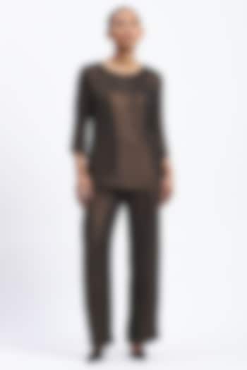 Metallic Gold Georgette Printed & Embellished Trousers by Abraham & Thakore at Pernia's Pop Up Shop