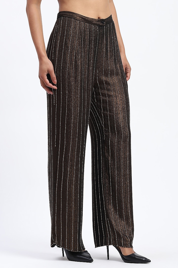 Metallic Gold Georgette Printed & Embellished Trousers by Abraham & Thakore at Pernia's Pop Up Shop