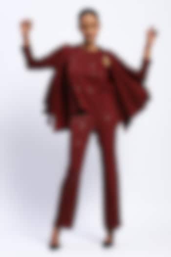 Burgundy Viscose Lycra Knit Printed & Stone Embellished Trousers by Abraham & Thakore at Pernia's Pop Up Shop
