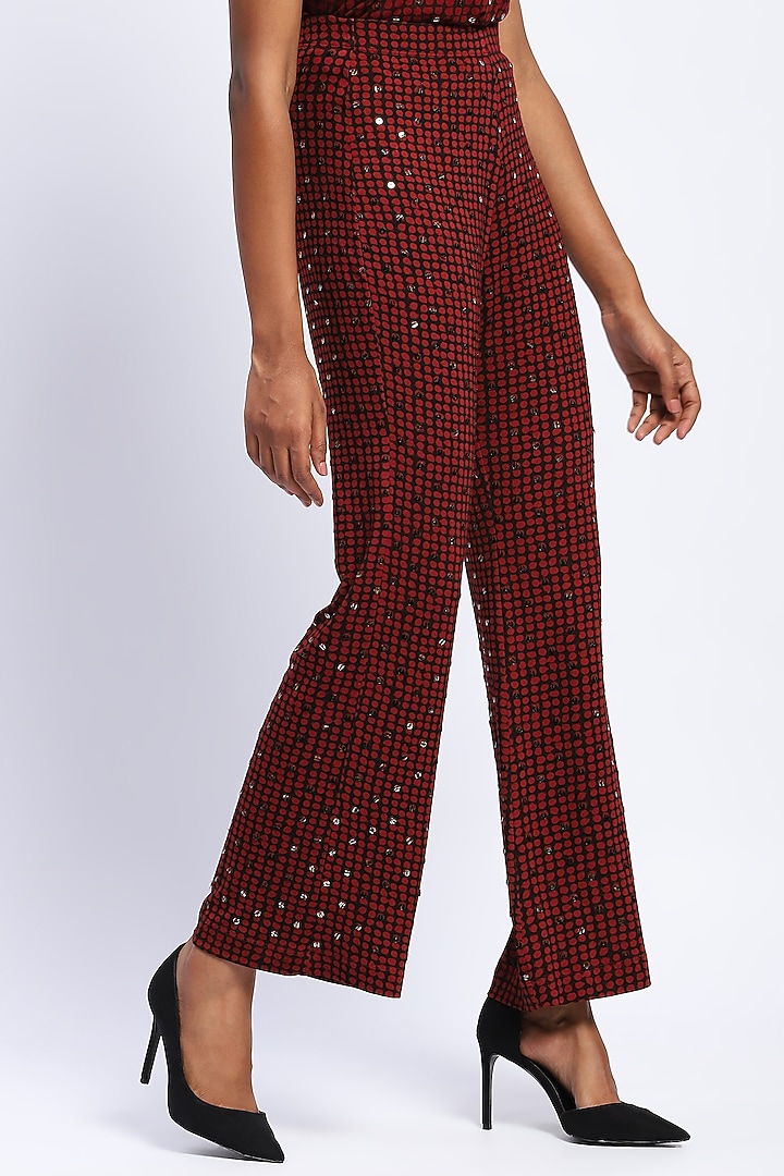 Burgundy Viscose Lycra Knit Printed & Stone Embellished Trousers by Abraham & Thakore at Pernia's Pop Up Shop