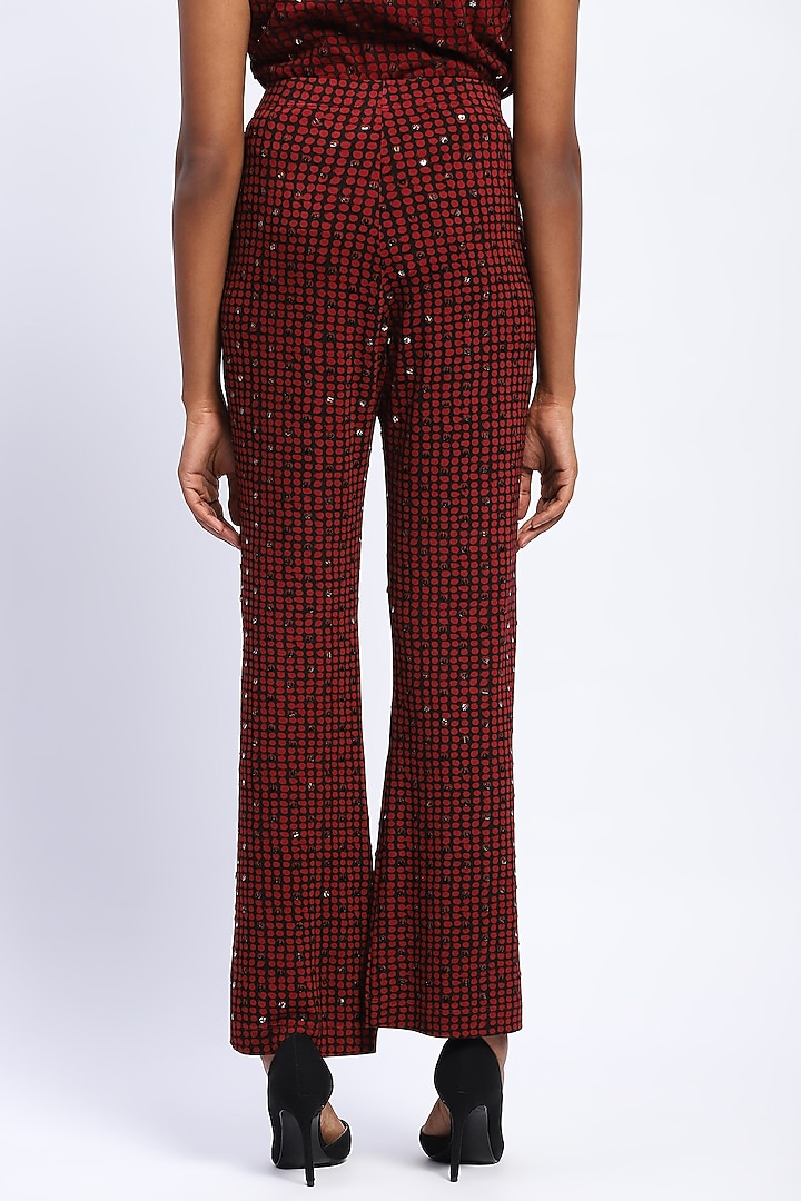 Burgundy Viscose Lycra Knit Printed & Stone Embellished Trousers by Abraham & Thakore at Pernia's Pop Up Shop