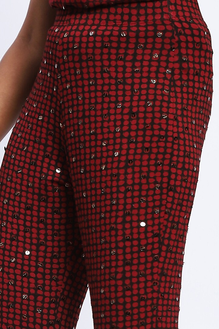 Burgundy Viscose Lycra Knit Printed & Stone Embellished Trousers by Abraham & Thakore at Pernia's Pop Up Shop