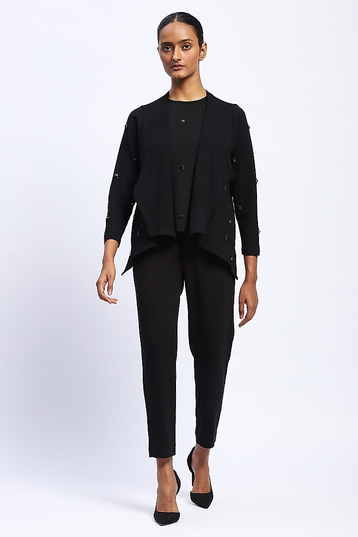 Black Viscose Lycra Knit Stone Embellished Shrug by Abraham & Thakore at Pernia's Pop Up Shop