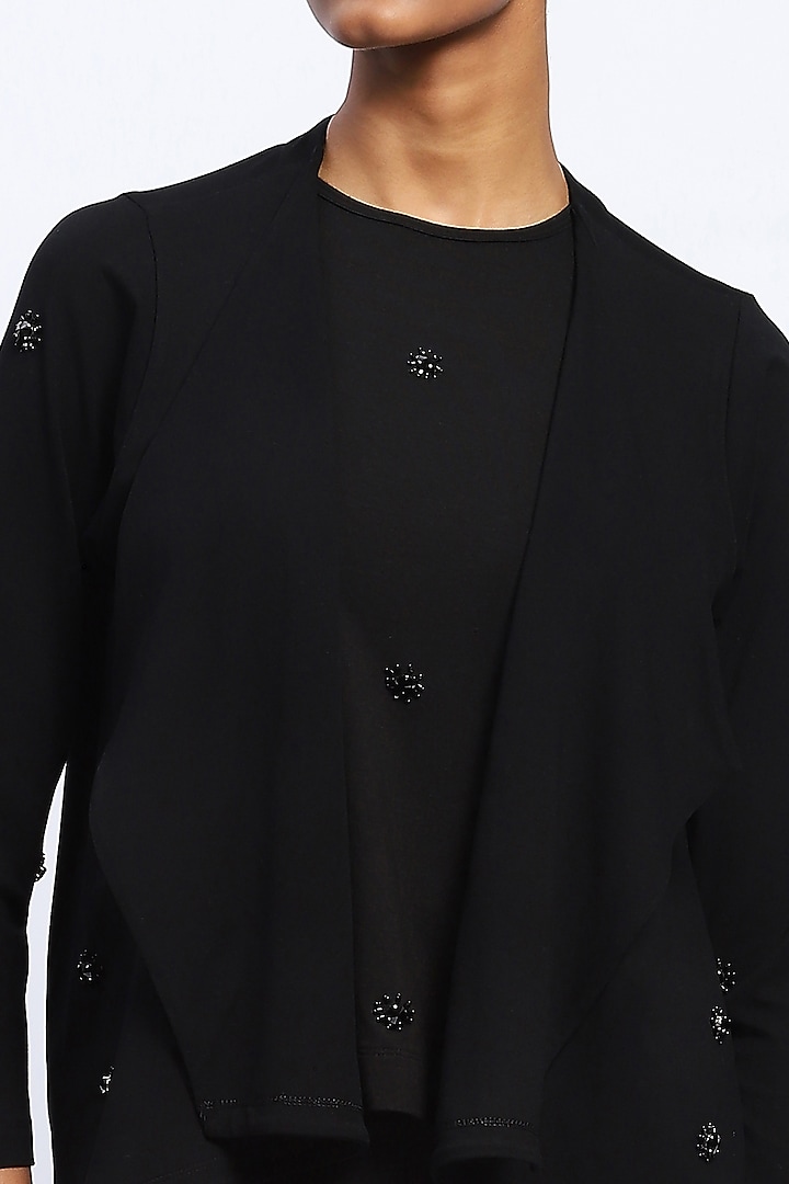 Black Viscose Lycra Knit Stone Embellished Shrug by Abraham & Thakore at Pernia's Pop Up Shop