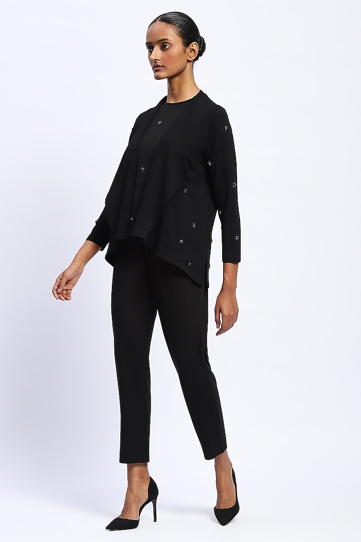 Black Viscose Lycra Knit Stone Embellished Shrug by Abraham & Thakore at Pernia's Pop Up Shop