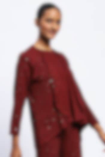 Burgundy Viscose Lycra Knit Stone Embellished Shrug by Abraham & Thakore at Pernia's Pop Up Shop