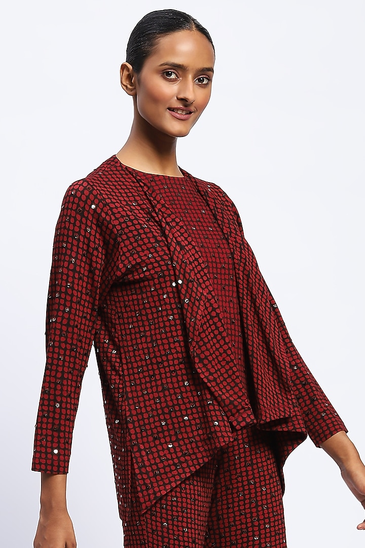 Burgundy Viscose Lycra Knit Stone Embellished Shrug by Abraham & Thakore at Pernia's Pop Up Shop