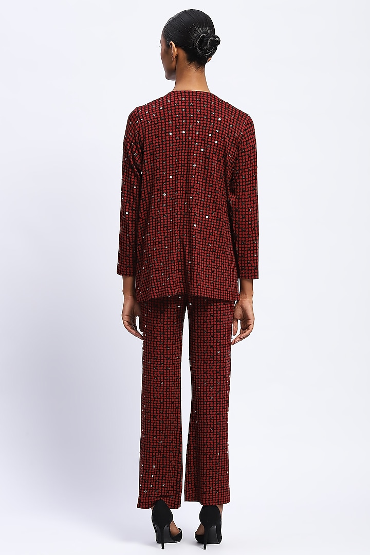 Burgundy Viscose Lycra Knit Stone Embellished Shrug by Abraham & Thakore at Pernia's Pop Up Shop