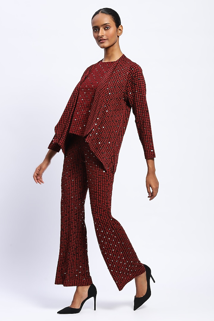 Burgundy Viscose Lycra Knit Stone Embellished Shrug by Abraham & Thakore at Pernia's Pop Up Shop