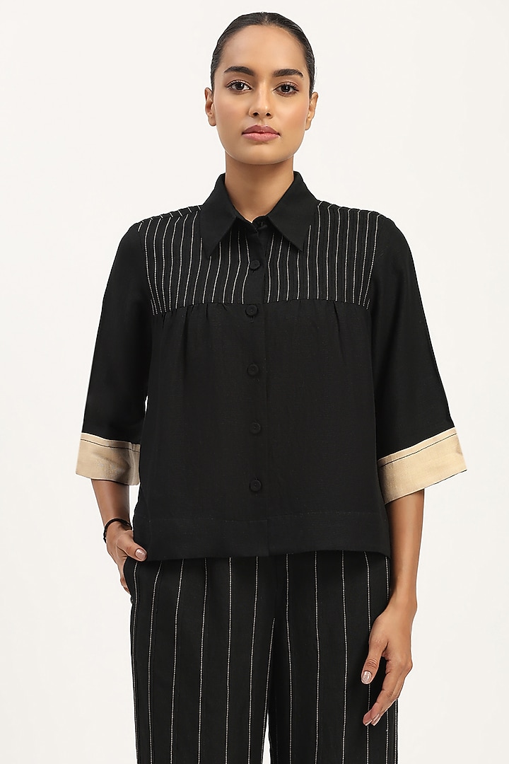Black Linen Blend Top by Abraham & Thakore at Pernia's Pop Up Shop