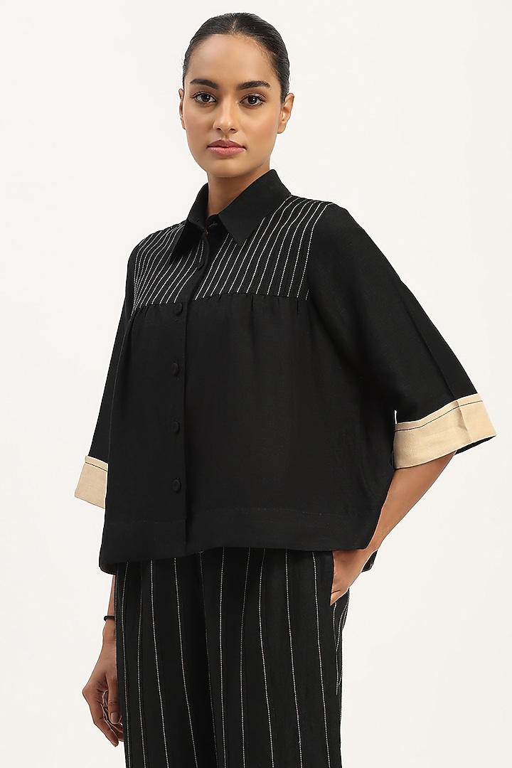 Black Linen Blend Top by Abraham & Thakore at Pernia's Pop Up Shop