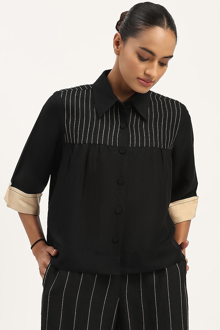 Black Linen Blend Top by Abraham & Thakore at Pernia's Pop Up Shop