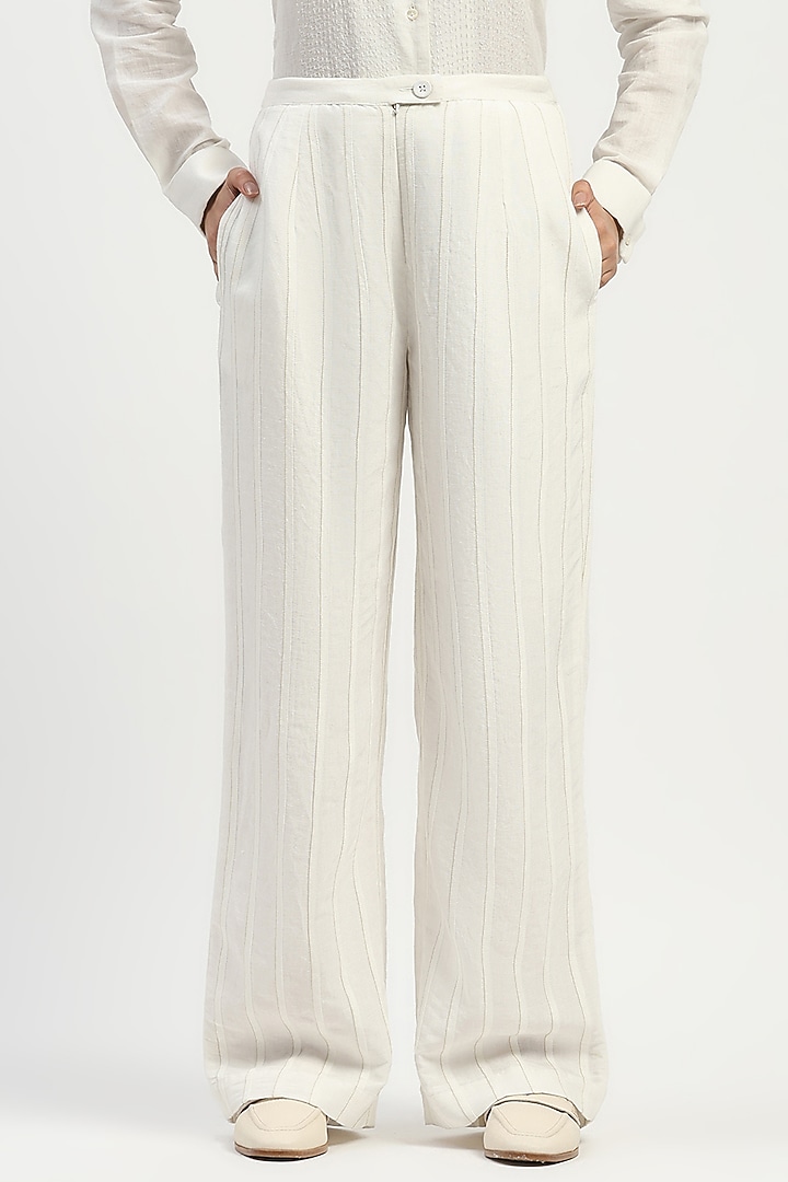 Ivory Linen Blend Trousers by Abraham & Thakore at Pernia's Pop Up Shop