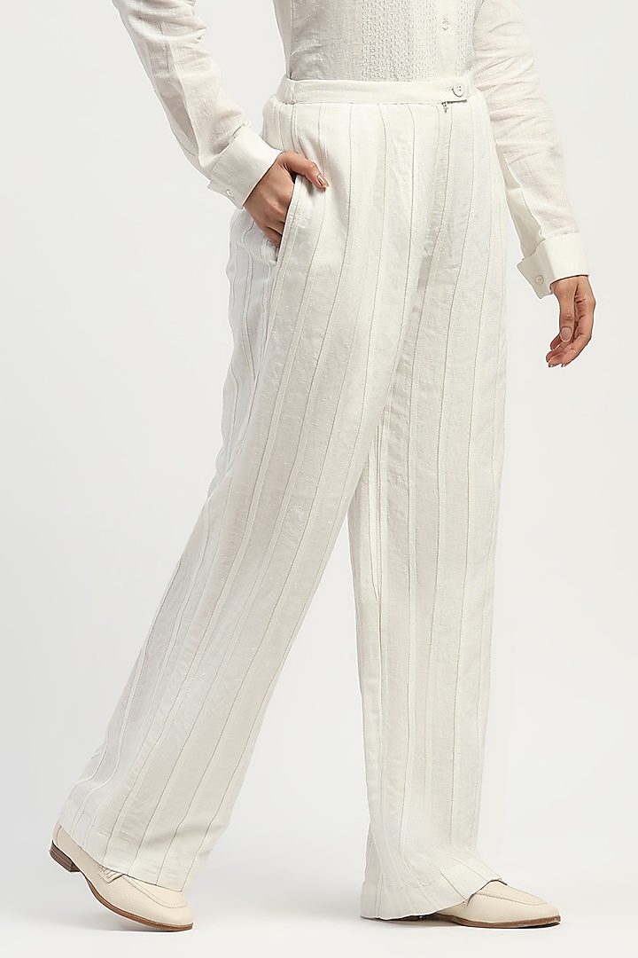 Ivory Linen Blend Trousers by Abraham & Thakore at Pernia's Pop Up Shop