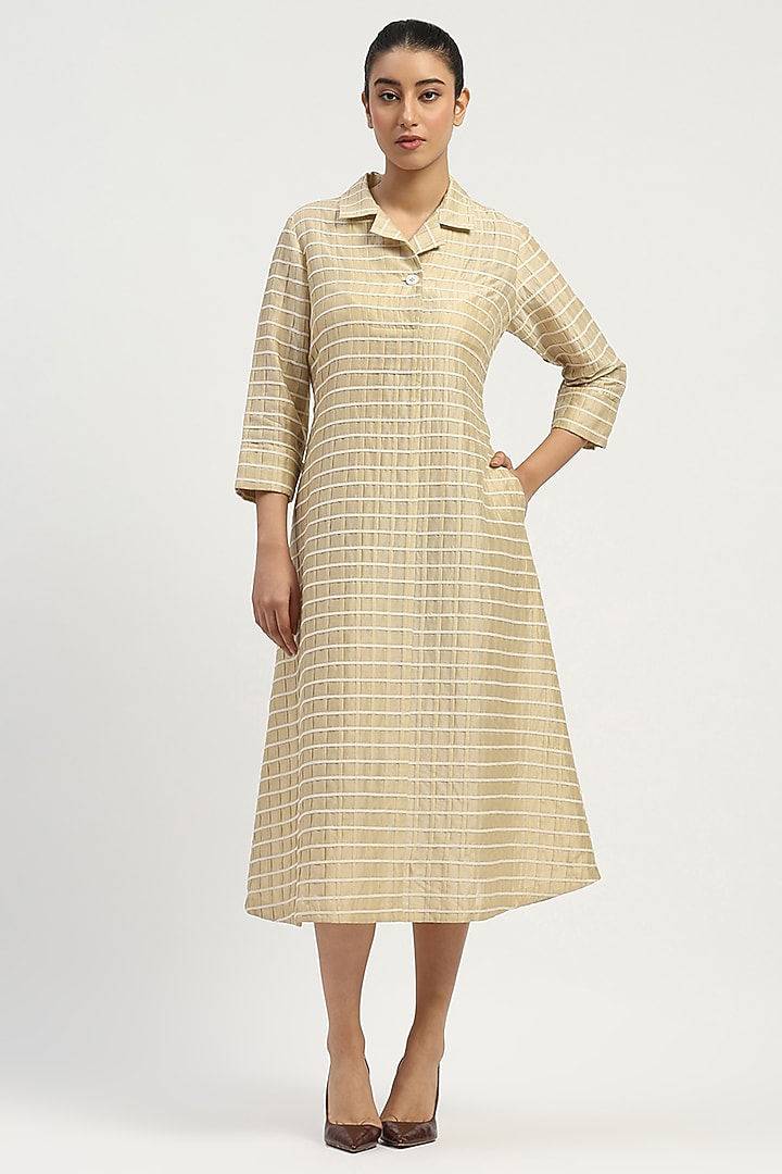Beige Chanderi Embellished Vacation Dress by Abraham & Thakore at Pernia's Pop Up Shop