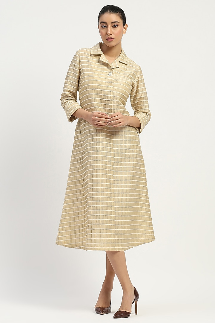 Beige Chanderi Embellished Vacation Dress by Abraham & Thakore at Pernia's Pop Up Shop
