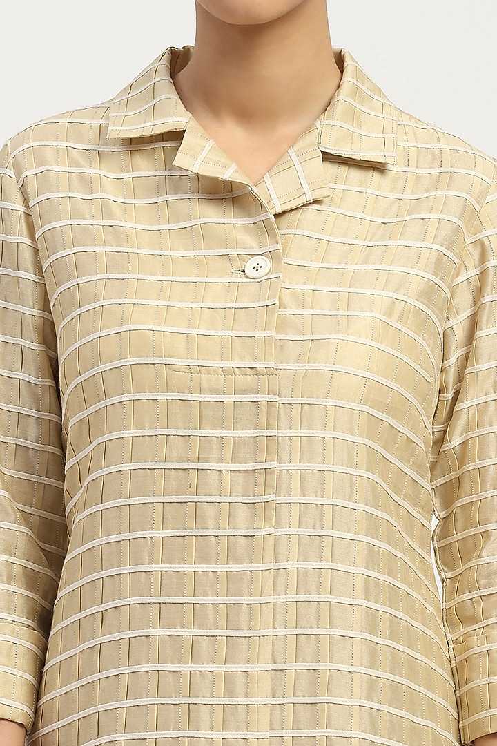 Beige Chanderi Embellished Vacation Dress by Abraham & Thakore at Pernia's Pop Up Shop