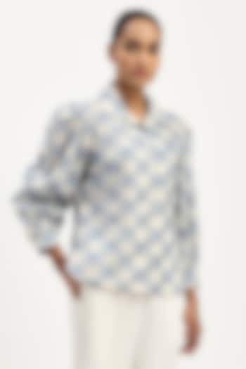 Ivory & Blue Cotton Embroidered Shirt by Abraham & Thakore at Pernia's Pop Up Shop