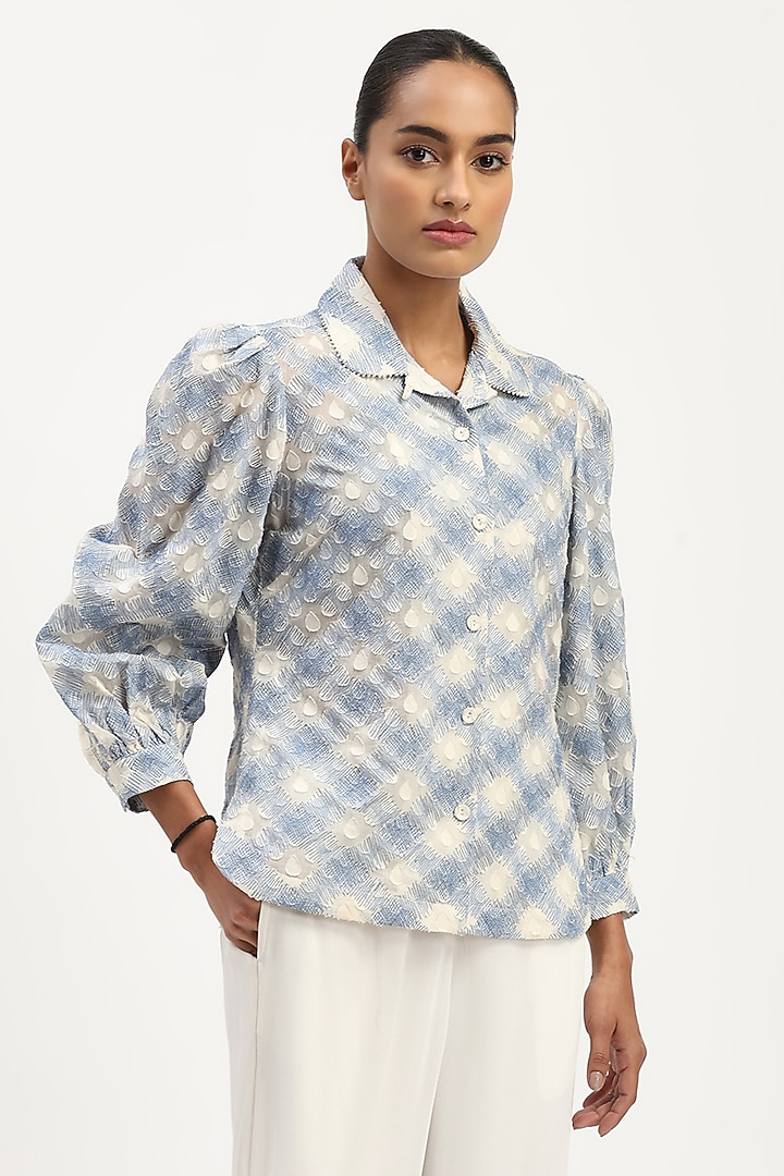 Ivory & Blue Cotton Embroidered Shirt by Abraham & Thakore at Pernia's Pop Up Shop