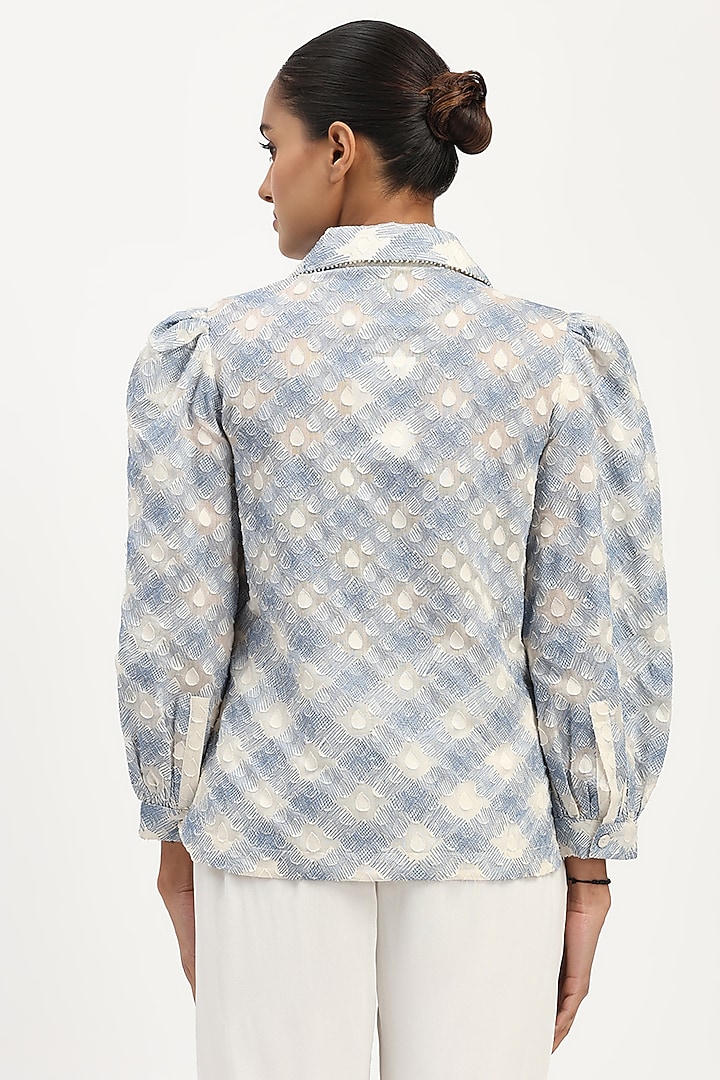 Ivory & Blue Cotton Embroidered Shirt by Abraham & Thakore at Pernia's Pop Up Shop
