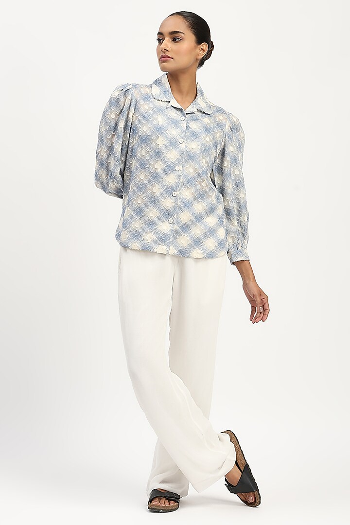 Ivory & Blue Cotton Embroidered Shirt by Abraham & Thakore at Pernia's Pop Up Shop