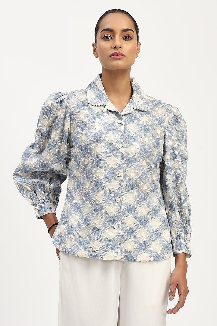 Ivory & Blue Cotton Embroidered Shirt by Abraham & Thakore at Pernia's Pop Up Shop