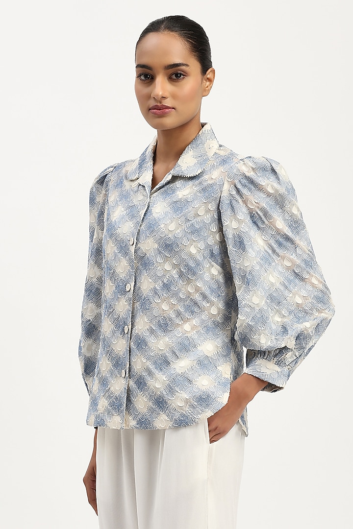 Ivory & Blue Cotton Embroidered Shirt by Abraham & Thakore at Pernia's Pop Up Shop