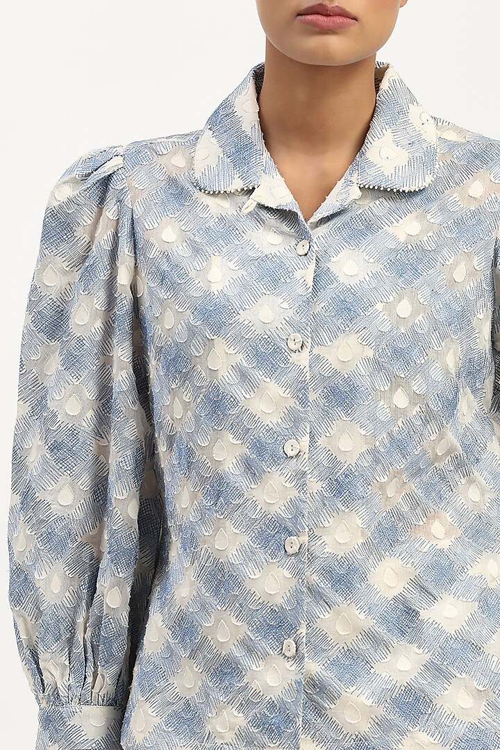 Ivory & Blue Cotton Embroidered Shirt by Abraham & Thakore at Pernia's Pop Up Shop