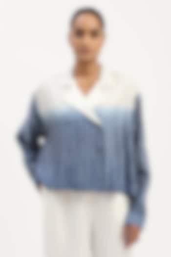 Ivory & Blue Chanderi Embroidered & Hand Tie-Dyed Shirt by Abraham & Thakore at Pernia's Pop Up Shop