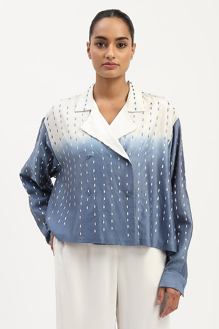Ivory & Blue Chanderi Embroidered & Hand Tie-Dyed Shirt by Abraham & Thakore at Pernia's Pop Up Shop
