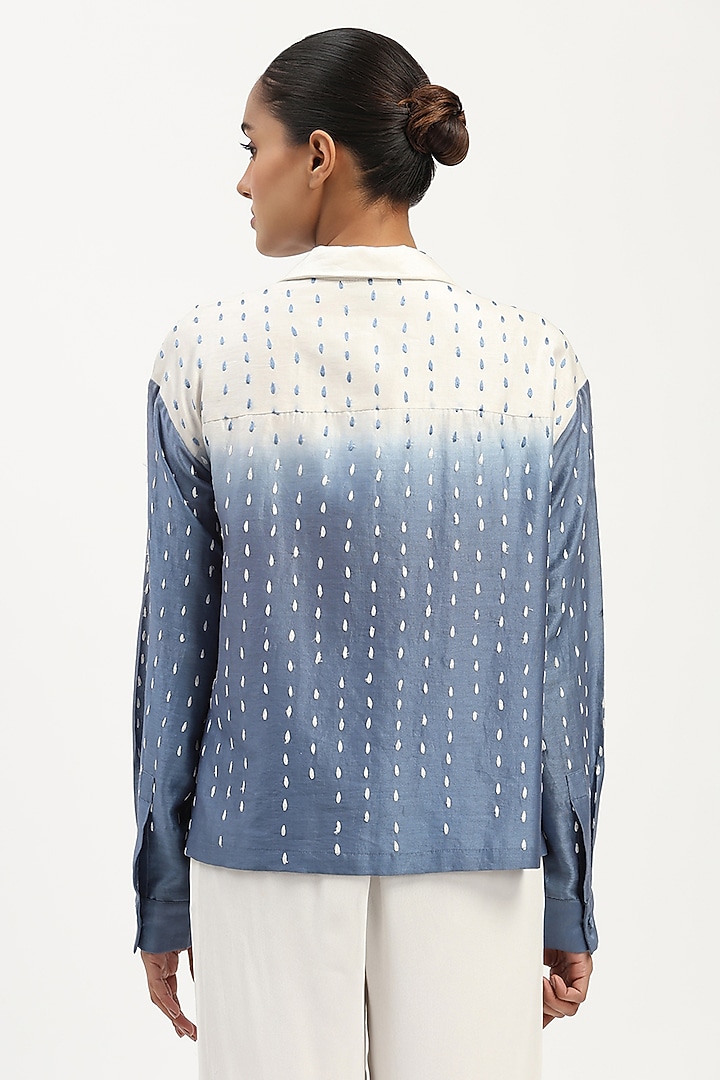 Ivory & Blue Chanderi Embroidered & Hand Tie-Dyed Shirt by Abraham & Thakore at Pernia's Pop Up Shop