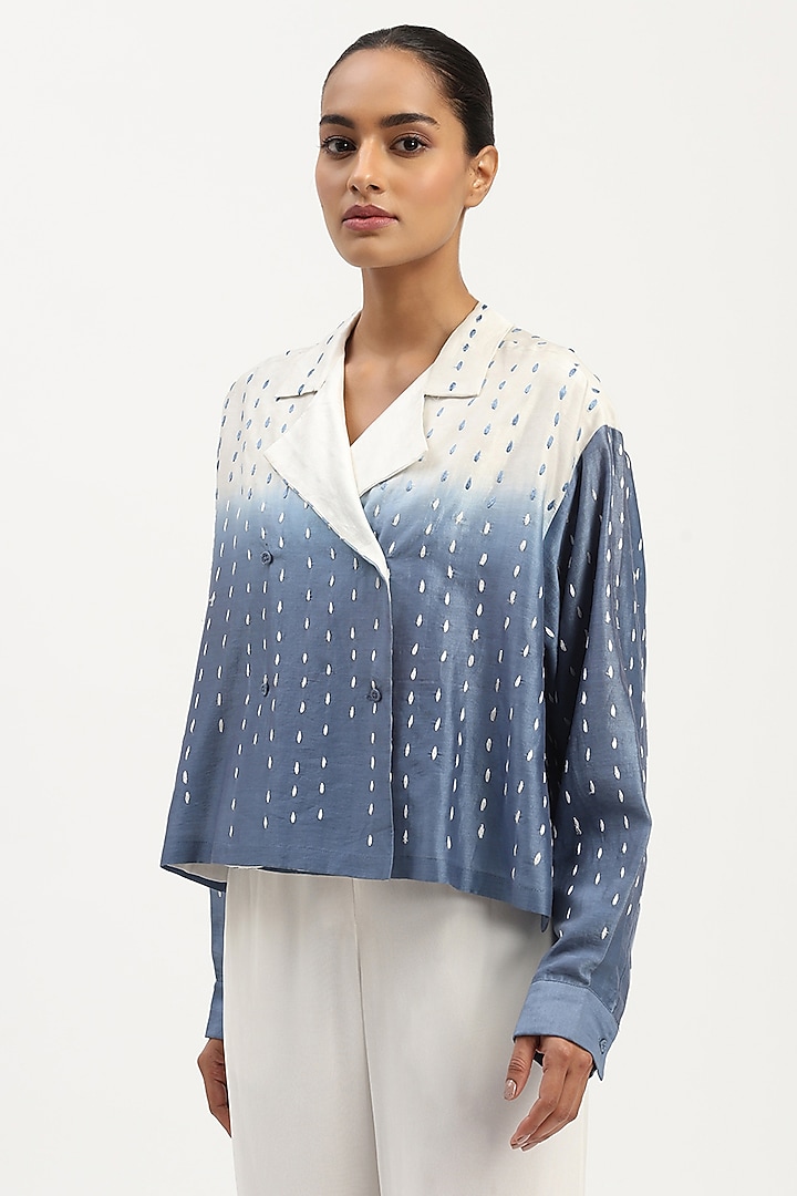 Ivory & Blue Chanderi Embroidered & Hand Tie-Dyed Shirt by Abraham & Thakore at Pernia's Pop Up Shop