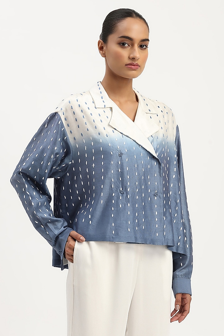 Ivory & Blue Chanderi Embroidered & Hand Tie-Dyed Shirt by Abraham & Thakore at Pernia's Pop Up Shop