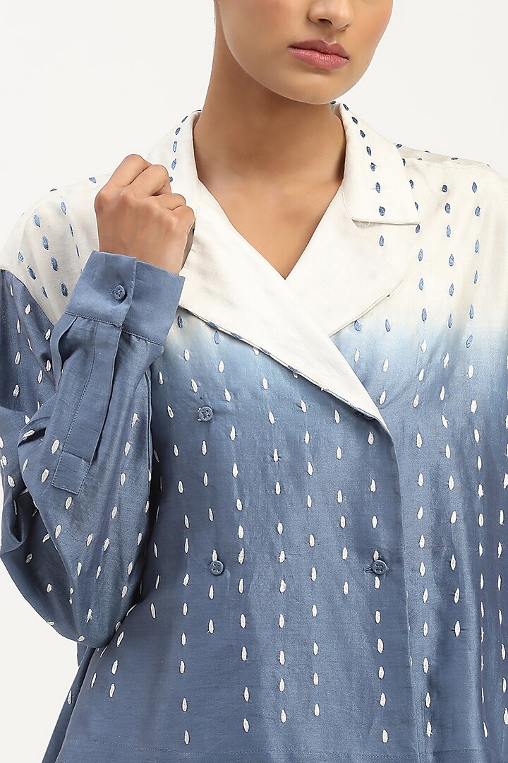 Ivory & Blue Chanderi Embroidered & Hand Tie-Dyed Shirt by Abraham & Thakore at Pernia's Pop Up Shop