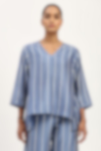 Blue Chanderi Embroidered Striped Top by Abraham & Thakore at Pernia's Pop Up Shop