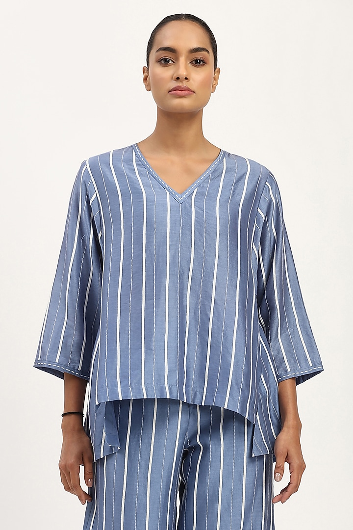 Blue Chanderi Embroidered Striped Top by Abraham & Thakore at Pernia's Pop Up Shop