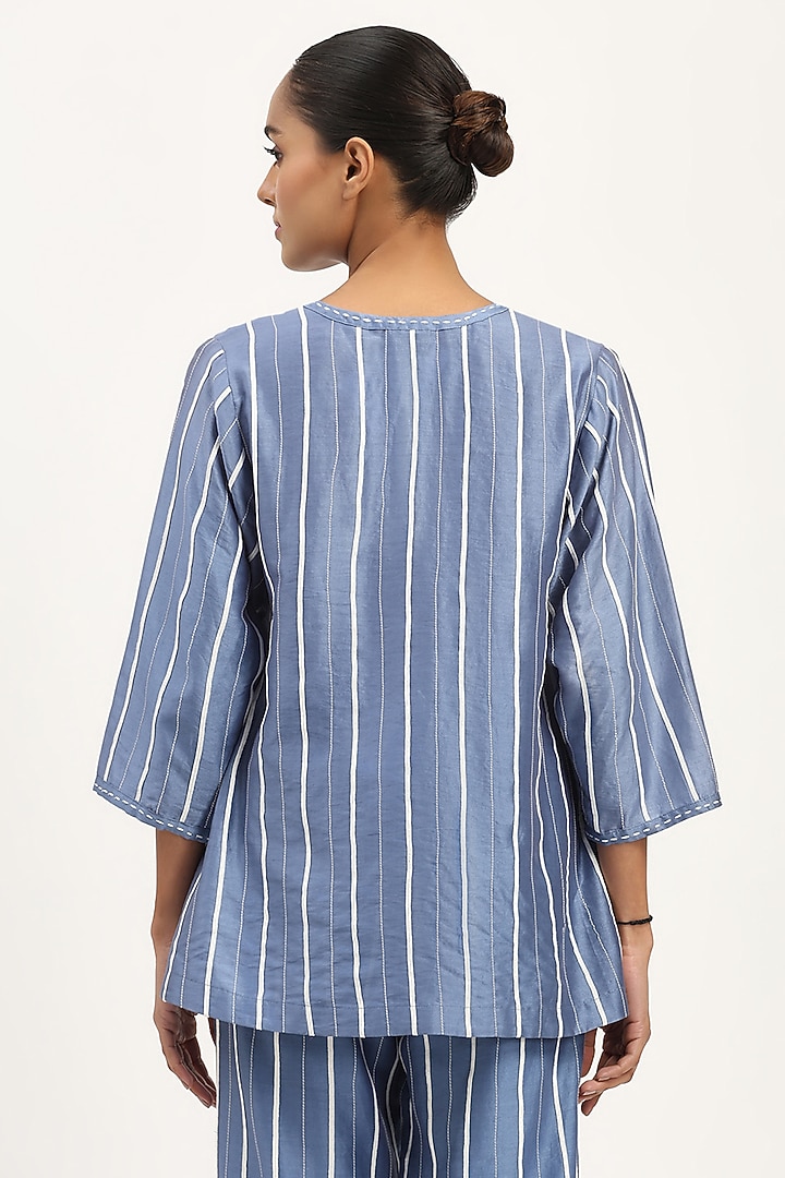 Blue Chanderi Embroidered Striped Top by Abraham & Thakore at Pernia's Pop Up Shop