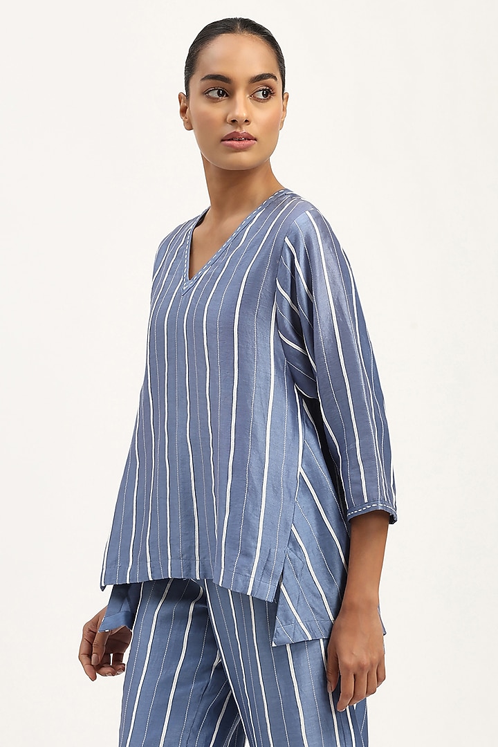 Blue Chanderi Embroidered Striped Top by Abraham & Thakore at Pernia's Pop Up Shop
