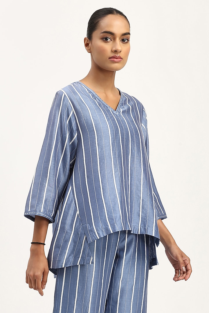 Blue Chanderi Embroidered Striped Top by Abraham & Thakore at Pernia's Pop Up Shop