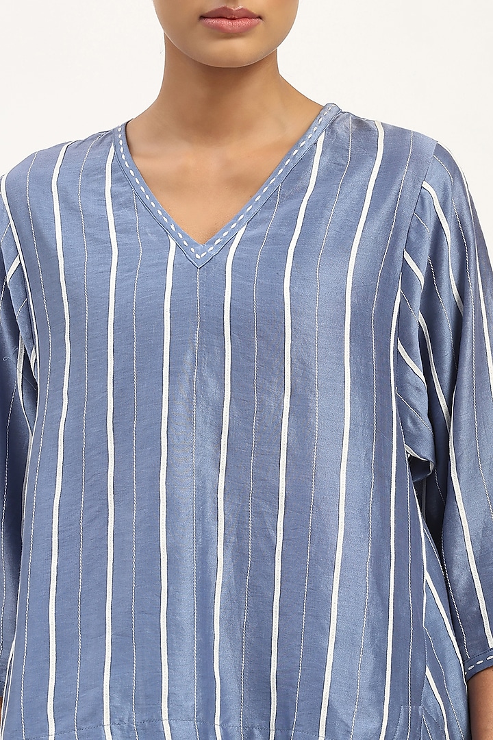 Blue Chanderi Embroidered Striped Top by Abraham & Thakore at Pernia's Pop Up Shop