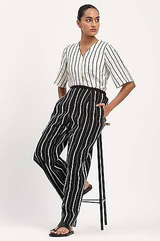Black Chanderi Embroidered Trousers by Abraham & Thakore