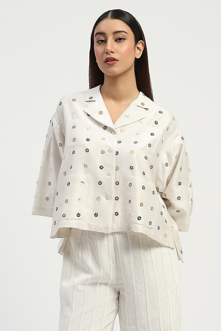 Ivory Chanderi Sequins Embroidered Top by Abraham & Thakore at Pernia's Pop Up Shop
