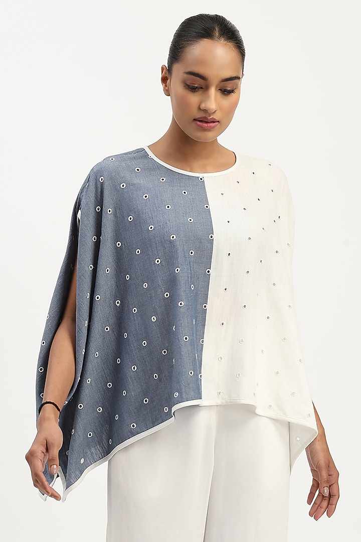 Indigo & Ivory Cotton Tencel Embroidered Schiffli Top by Abraham & Thakore at Pernia's Pop Up Shop